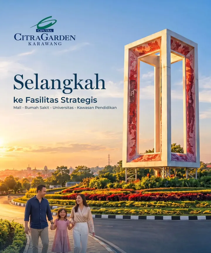 Ilustrasi pengembang: keluarga di depan tugu Karawang, selangkah ke fasilitas strategis
