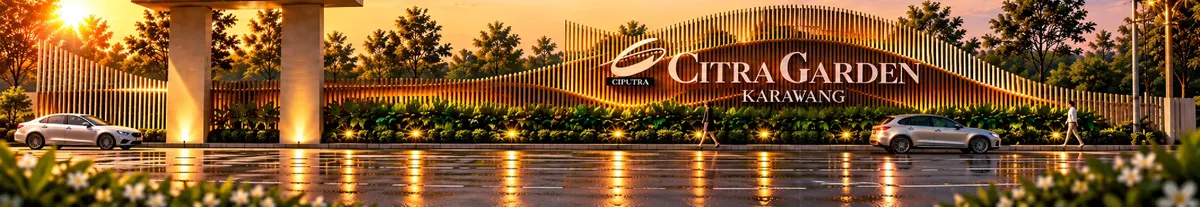 Ilustrasi pengembang: gerbang dan signage CitraGarden Karawang saat senja